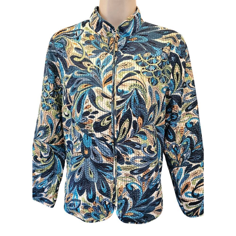 Alfred dunner quilted full zip blue peacock floral shaket jacket lined 8 PETITE+